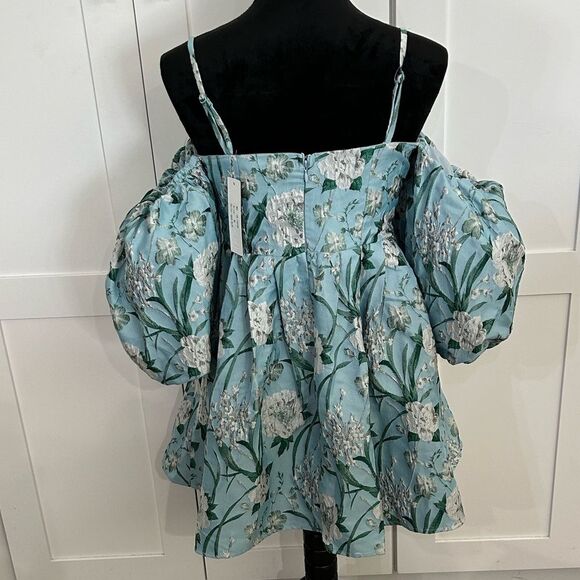 Ina - Aqua Blue Elegant Floral Puff Sleeve Dress - M - NWT - Picture 5 of 10
